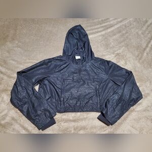 EUC Womens Gymshark Cropped Hooded Windbreaker Sz Large Black 1/4 Zip AOP
